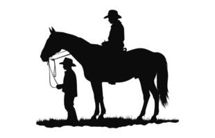 une peu cow-boy avec cheval noir silhouette vecteur isolé sur une blanc Contexte