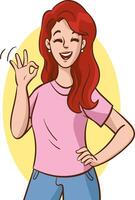 illustration de une souriant rouge aux cheveux femme montrant D'accord signe vecteur
