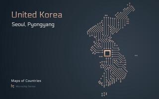 uni Corée carte avec une Capitale de Séoul, Pyongyang montré dans une puce électronique modèle avec processeur. gouvernement électronique. monde des pays vecteur Plans. puce électronique séries