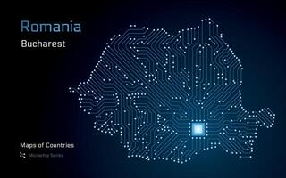 Roumanie carte avec une Capitale de Bucarest montré dans une puce électronique modèle. gouvernement électronique. monde des pays vecteur Plans. puce électronique séries