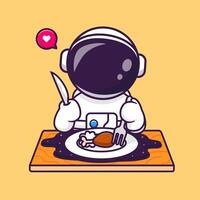 mignonne astronaute en mangeant frit poulet sur espace dessin animé vecteur icône illustration. science nourriture icône concept isolé prime vecteur. plat dessin animé style