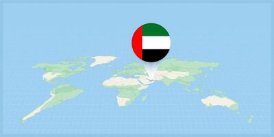 emplacement de uni arabe émirats sur le monde carte, marqué avec uni arabe émirats drapeau broche. vecteur