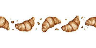 des croissants. isolé aquarelle sans couture frontière avec des croissants. boulangerie des produits. pour conception de Étiquettes et emballage, cartes, logo pour le boulangerie et une boulangerie. vecteur