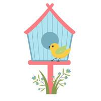 en bois oiseau maison avec mignonne oiseau et fleurs. vecteur illustration isolé sur blanc Contexte.