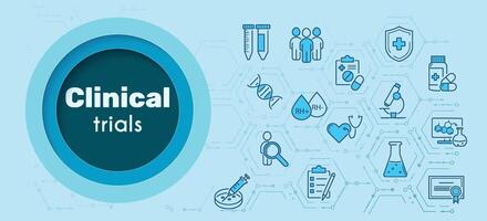 clinique étude, essais, recherche concept sur une bleu Contexte. Comparaison groupe, tester personne,seringue, pilules, microscope, test tuyaux, adn, test, ordonnance, rh facteur, sang. vecteur. papier Couper style. vecteur