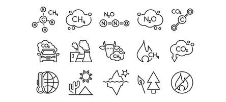 serre des gaz. méthane ch4, carbone dioxyde, n2o ligne icône ensemble. la déforestation, glacial fondre, brûler, toxique, feu, incinération, vache, fuites, formule, molécule, nuage. contour chante. modifiable accident vasculaire cérébral. vecteur