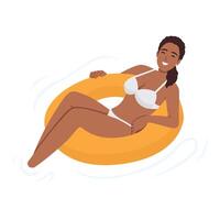 femme relaxant sur flotte nager anneau. plat style femme sur vacances nager dans piscine, repos ou rêver sur l'eau vagues sur gonflable bague ou matelas vecteur