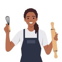 un attrayant Jeune noir femme est fabrication gâteau dans une confortable cuisine vecteur