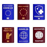 ensemble de passeports d'immunité. document d'immunité de voyage. vérifier la vaccination contre les maladies. contrôler covid-19 dans l'union européenne. document papier d'immunité contre le coronavirus. passeport santé vert vecteur