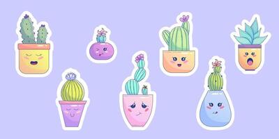 mignonne kawaii cactus autocollant ensemble dans pot avec affronter. mignonne pastel succulent kawaii smaïle. cactus personnage dans pot. vecteur graphique illustration