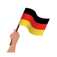 Humain main en portant agitant nationale drapeau de Allemagne pays pour indépendance jour, patriotique concept. vecteur illustration isolé sur blanc Contexte.