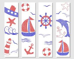 ensemble de main tiré signets avec ancre, dauphin, bateau, phare, voilier, main roue, barre sur blanc Contexte dans enfants naïve style. vecteur