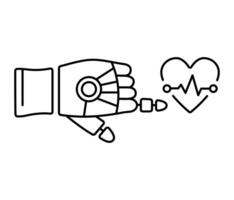 robot main montrer du doigt avec indice doigt ou émouvant cœur avec cardiogramme. vecteur isolé ligne icône. symbole de moderne médical les technologies.
