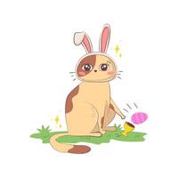 mignonne dessin animé chat avec lapin oreilles effrontément coups plus de un Pâques Oeuf titulaire isolé sur une blanc Contexte dans griffonnage style. vecteur