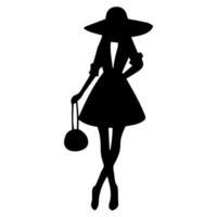 silhouette de femme portant haute talons et paille chapeau, permanent pose en portant une sac, sur une blanc Contexte vecteur