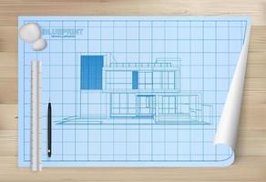 idée de maison sur fond de papier de plan. papier à dessin architectural sur fond de texture en bois. vecteur. vecteur