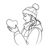 une femme dans hiver tenue avec tenir l'amour continu ligne art dessin vecteur