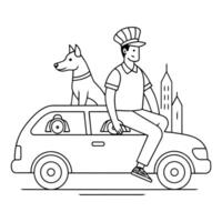 chien avec Taxi et chauffeur continu ligne art vecteur illustration.