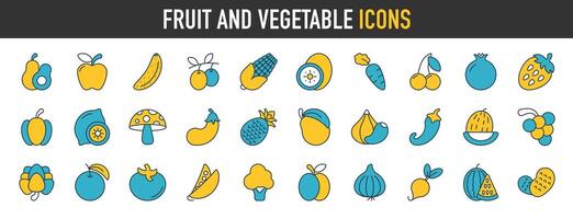 fruit et des légumes icône ensemble. tel comme pomme, banane, orange, carotte, raisin, fraise, tomate, pastèque, épinard, brocoli, mangue et plus. vecteur Icônes illustration.