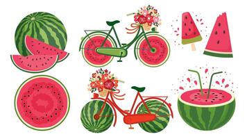 une ensemble de juteux des illustrations avec pastèques et une vélo. une entier pastèque, tranches, la glace crème, une vélo sur pastèque roues et plus. illustré vecteur clipart.