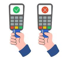 En traitement de carte paiement. acceptant et en baisse paiement. pos Terminal avec débit ou crédit cartes. contact Paiement méthode. vecteur plat illustration.