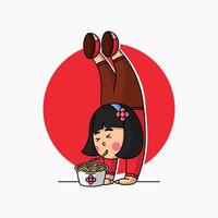 nouille logo personnage concept, une fille est en mangeant nouilles avec sa pieds en haut vecteur
