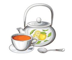 thé pot avec tasse de thé. thé collection, différent tasses de thé, noir rouge vert thé. thé réaliste illustration. parfait pour thé boutique, café bannière vecteur