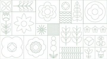 vert géométrique sans couture ligne floral éco modèle. mosaïque Contexte avec fleurs, les plantes et Facile formes dans bauhaus style. Naturel fleur usine, abstrait éco concept. vecteur minimal bannière