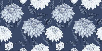 artistique dahlia fleurs avec feuilles sans couture modèle. vecteur main dessiné. magnifique gris floral imprimer. modèle pour conception, textile, mode, surface conception, tissu, intérieur décor, fond d'écran