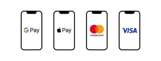 MasterCard, visa, Pomme payer, Google Payer - populaire Paiement systèmes. la finance système application. banque carte. nfc Payer téléphone. vecteur illustration.