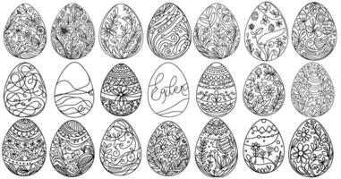 collection main dessin noir ligne art floral Pâques des œufs contour griffonnage décoré avec beaucoup différent conception pour Pâques Oeuf vecteur sur blanc Contexte