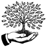 fermer mains en portant noir ligne arbre germer croissance de sol sur mains. Terre planète protection concept journée vecteur
