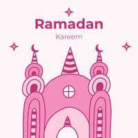 affiche pour Ramadan kareem dans puéril naïve style. islamique salutation carte avec mosquée, lune croissant, étoiles dans le ciel. modèle pour bannière, site Internet conception, médias pour Ramadan mois événements vecteur