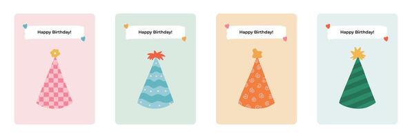 ensemble de mignonne carte postale pour content anniversaire. branché et minimaliste affiches avec caractères et main tiré illustration à propos anniversaire faire la fête, vacances, fête, anniversaire. salutation carte modèle vecteur