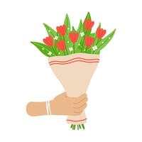 main icône en portant bouquet avec tulipes. main tiré plat dessin animé élément. vecteur illustration