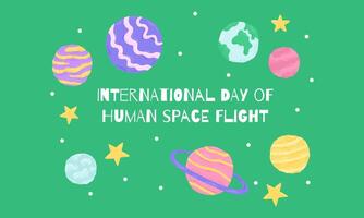 12 avril international journée de Humain espace vol. galaxie affiche avec caractères et planètes. main tiré plat dessin animé éléments. vecteur illustration