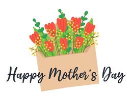 international de la mère journée salutation carte avec rouge tulipe bouquet dans beige enveloppe. main tiré plat dessin animé élément sur blanc Contexte. vecteur illustration