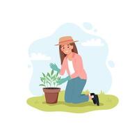 femme prise se soucier de plante. femelle jardinier dans printemps. mignonne vecteur illustartion dans plat dessin animé style