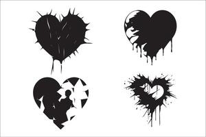 cassé cœur gothique vecteur silhouette ensemble, l'amour signe gothique silhouette et fissuré grunge silhouette formes.
