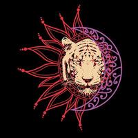 T-shirt conception de une tigre tête suivant à le Soleil et le lune avec violet couleurs sur une noir Contexte. vecteur
