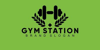 Gym station logo avec barble forme et santé symbole vecteur