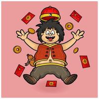 mascotte personnage de chinois gens avec mouche pose pour Nouveau an. vecteur