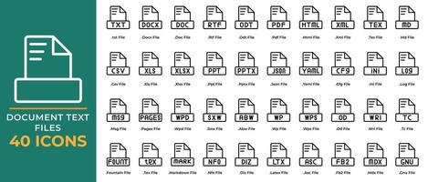ensemble de document fichier texte Icônes. SMS, ppt, pdf, docteur, csv. extension fichier symbole Icônes. vecteur collection.