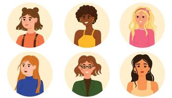 avatars avec divers femelle personnages. les mères et filles ensemble. portraits de différent femmes de différent les courses. utilisateur profils. rond badges avec content souriant personnes. vecteur illustration