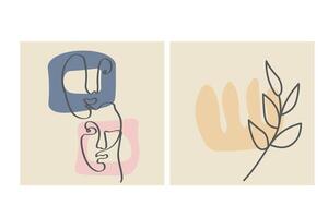 divers visages, feuilles et formes abstraites. illustrations vectorielles contemporaines sur fond de couleur. ligne, concept élégant minimaliste. parfait pour les médias sociaux, les cartes, les cartes postales. vecteur