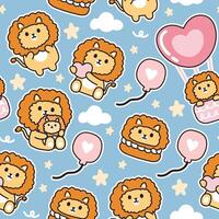 sans couture modèle de mignonne Lion avec cœur sur ciel arrière-plan.wild animal personnage dessin animé.ballon, étoile, nuage main dessiné.bébé garçon vêtements.kawaii.vector.illustration. vecteur