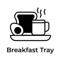 bouilli Oeuf avec tasse de thé et pain dans une plateau représentant icône de petit déjeuner vecteur