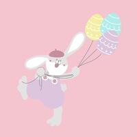 content Pâques Festival avec animal animal de compagnie lapin lapin et Oeuf ballon, pastel couleur, plat vecteur illustration dessin animé personnage