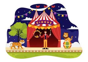 cirque vecteur illustration avec spectacle de gymnaste, magicien, animal Lion tigre, héberger, artiste, clowns et amusement parc dans plat dessin animé Contexte