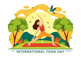 international yoga journée vecteur illustration sur juin 21 avec femme Faire corps posture entraine toi ou méditation dans soins de santé plat dessin animé Contexte